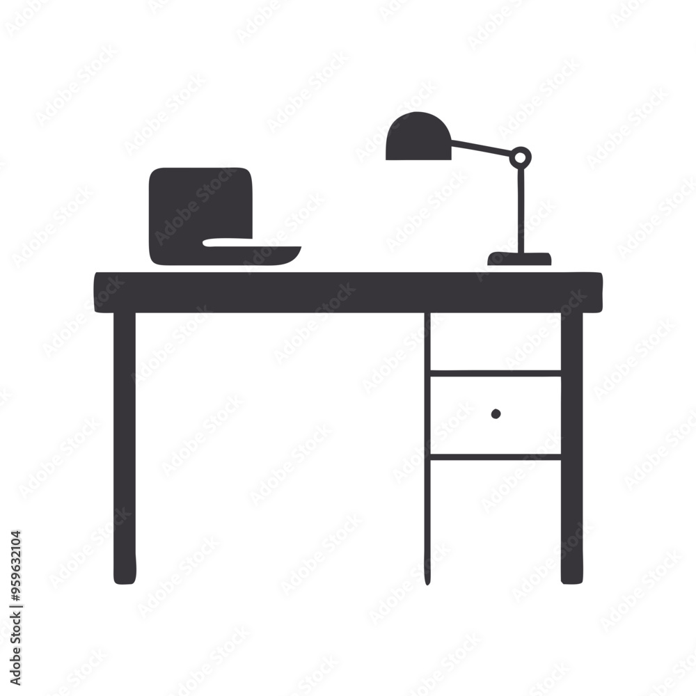 Silhouette of office desk with laptop and lamp, minimalistic design, black and white Silhouette of office desk with laptop and lamp, minimalistic design, black and white