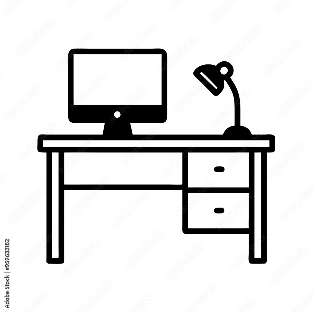 Icon of a desk with computer and lamp in black and white Icon of a desk with computer and lamp in black and white