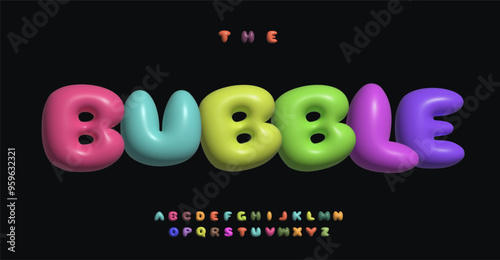 3D bubble alphabet, rainbow colored inflated plump letters, soft spherical typographic design. Vibrant colorful 3D typography for kid party logo, headline, text. Vector typeset.