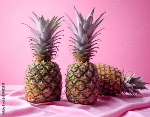 Fresh Pineapples Closeup on Pink Background for Food and Beverage Use photo