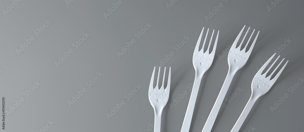 A design featuring white disposable forks against a gray backdrop Patterns prints. Copy space image. Place for adding text and design A design featuring white disposable forks against a gray backdrop Patterns prints. Copy space image. Place for adding text and design
