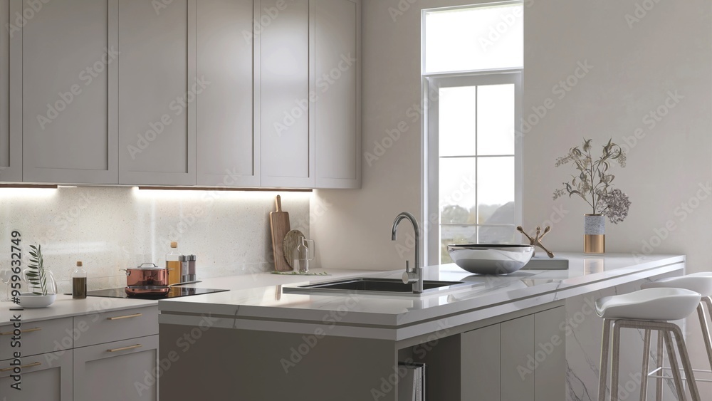 White marble kitchen island in modern, luxury kitchen with beige built in cabinet, cupboard in sunlight from window for interior design decoration, product background 3D White marble kitchen island in modern, luxury kitchen with beige built in cabinet, cupboard in sunlight from window for interior design decoration, product background 3D