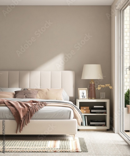 Obraz na płótnie Modern cream colored bed with bedside table, lamp in minimal, cozy bedroom in su