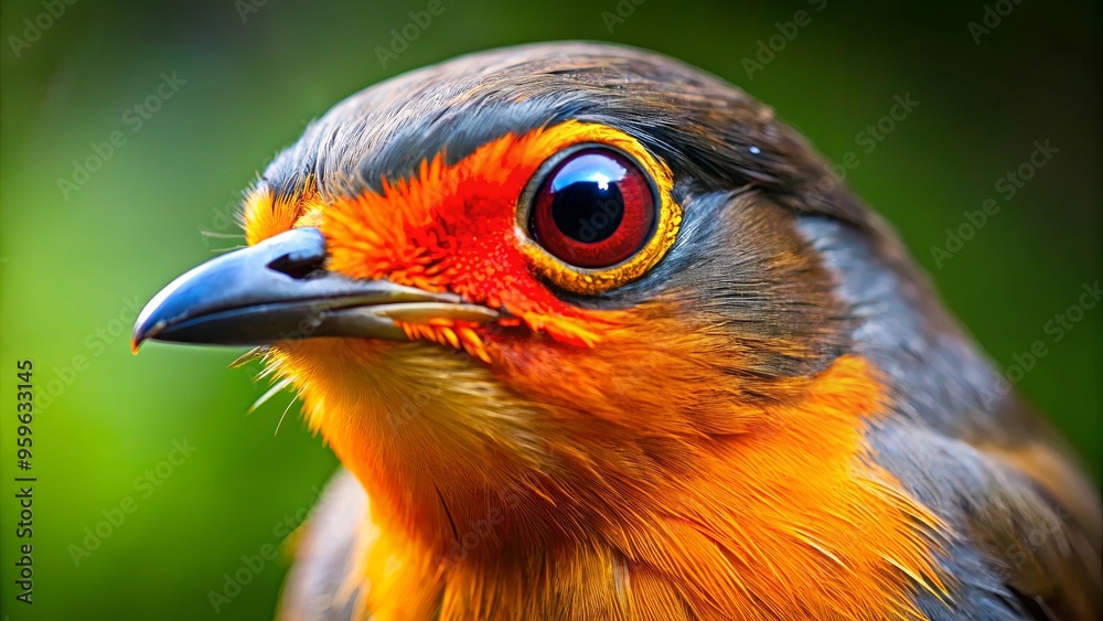 Close-up of a bird's intense expression with red-black beak and bright orange eye Close-up of a bird's intense expression with red-black beak and bright orange eye