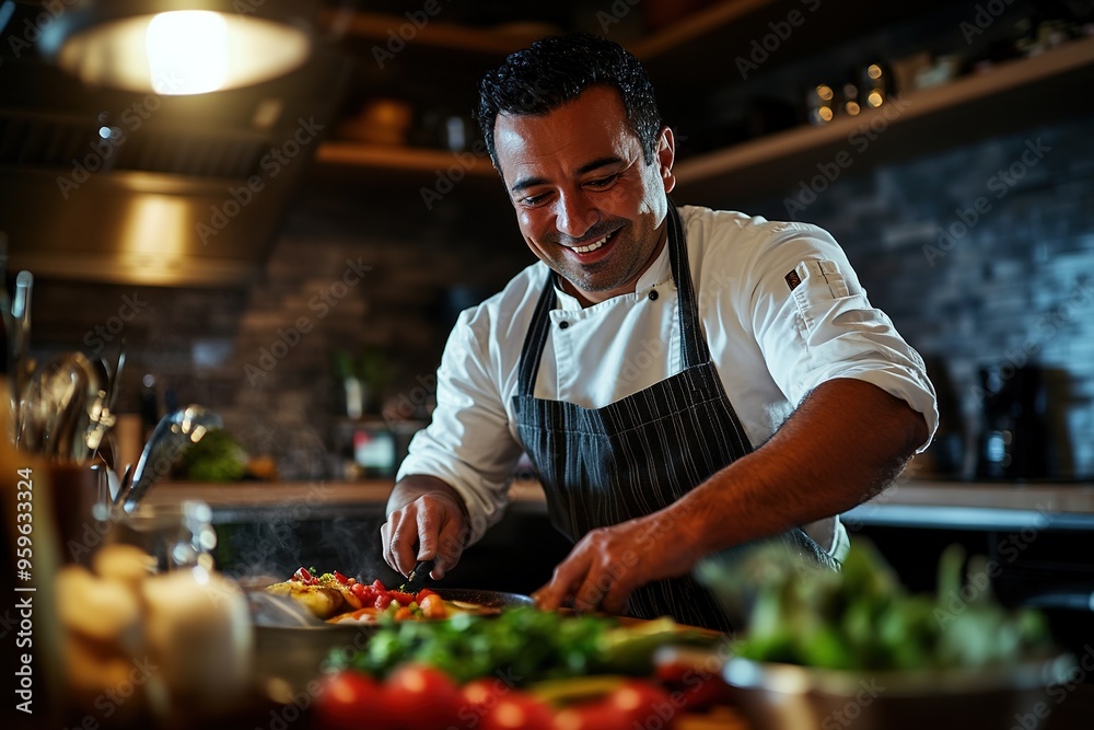 Smiling chef slicing vegetables in rustic kitchen Smiling chef slicing vegetables in rustic kitchen