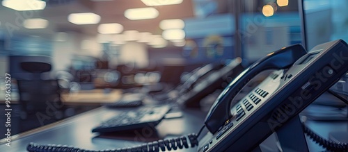 Close up soft focus on telephone devices with copyspace background at an office desk in an operations room for customer service support call center concept