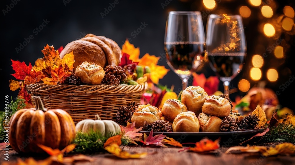 A cozy autumn setting featuring a harvest spread with pumpkins, pastries, and wine, surrounded by colorful fall leaves.