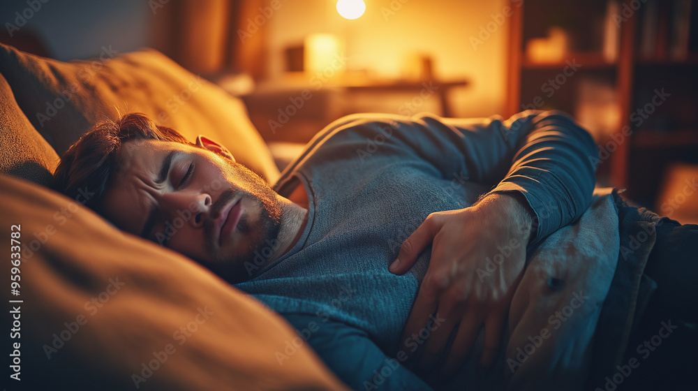 Pensive Man Lying on Couch in Warm Evening Light Pensive Man Lying on Couch in Warm Evening Light