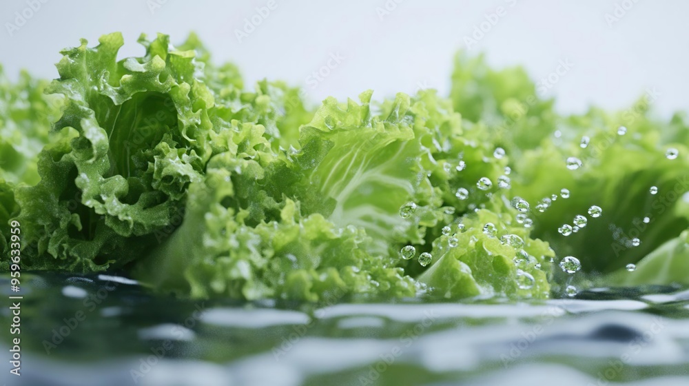 Fresh green lettuce submerged in water with bubbles. Fresh green lettuce submerged in water with bubbles.