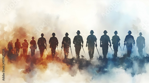 Silhouette of soldiers walk...