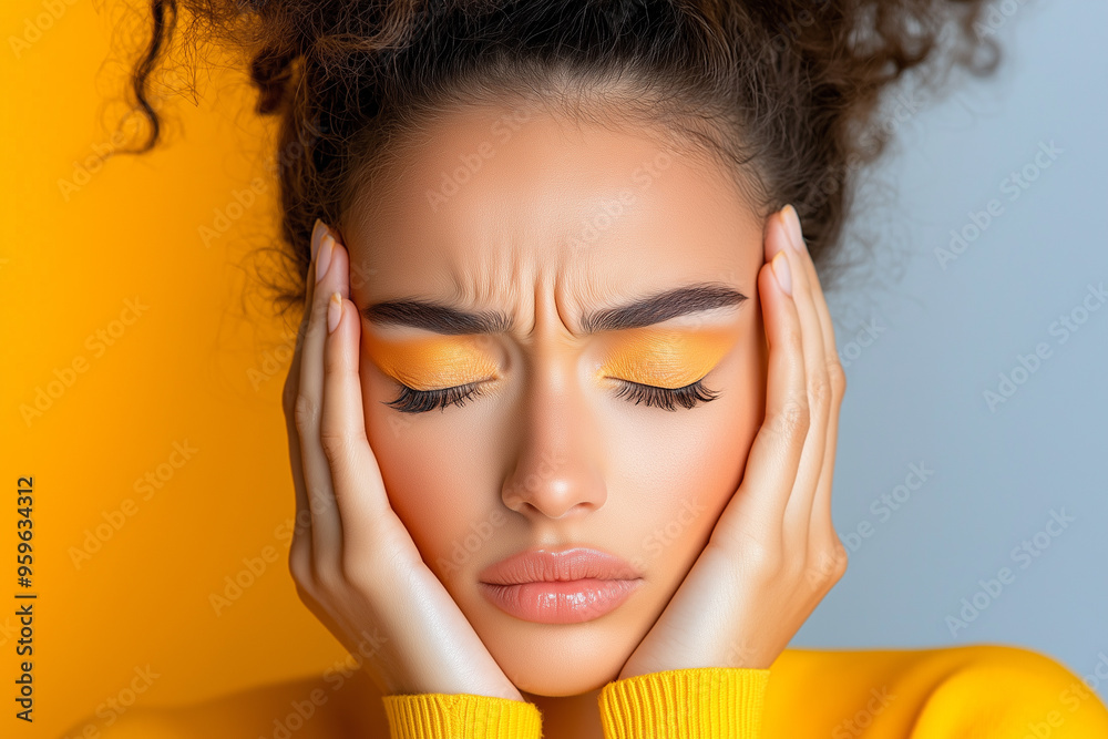 Fototapeta premium A woman with a yellow shirt is holding her head in her hands. She has dark brown hair and is wearing orange eye shadow