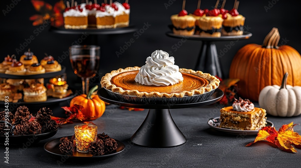 Delicious assortment of festive desserts featuring pumpkin pie, cupcakes, and seasonal decorations for a joyful celebration. Delicious assortment of festive desserts featuring pumpkin pie, cupcakes, and seasonal decorations for a joyful celebration.