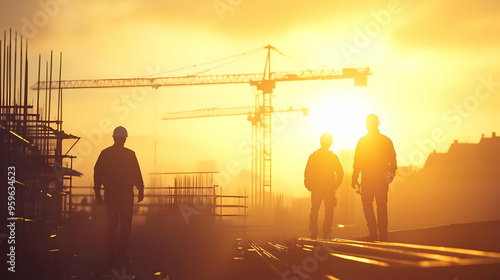 Silhouette of workers at a construction site during sunset.