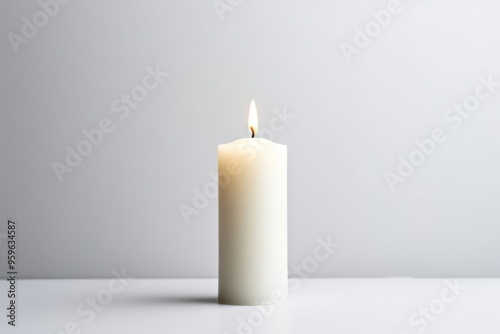 White background with white thin wax candle with a small lit flame for funeral grief death dead sad emotion with copy space texture for display products blank