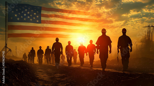 Silhouette of workers walki...