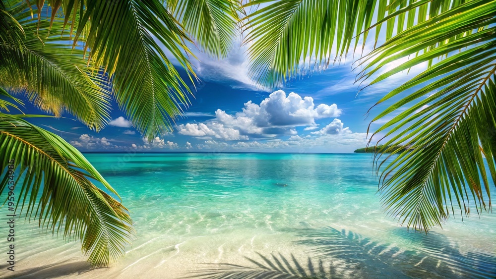 Fototapeta premium Idyllic tropical beach with crystal clear turquoise waters framed by lush palm leaves