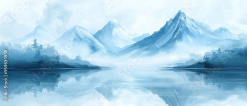 A Misty Mountain Range Reflecting in a Still Lake