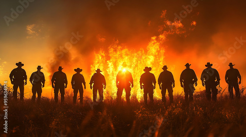 Silhouettes of cowboys agai...