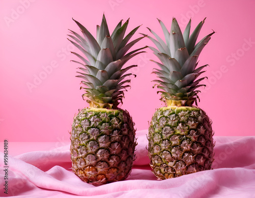 Fresh Pineapples Closeup on White Background for Food and Beverage Use photo