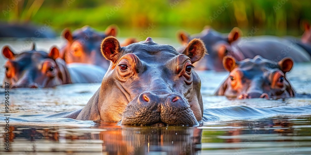 Fototapeta premium Close-up of a hippo submerged in water with other hippos in the background