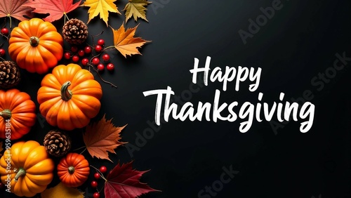 Thanksgiving Flat Lay with Pumpkins, Pinecones, and Leaves on Dark Background