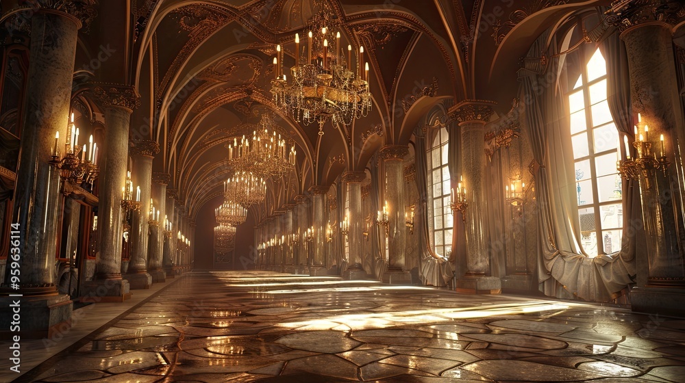 Fantasy medieval Great Hall in the royal palace. Fantasy medieval Great Hall in the royal palace.