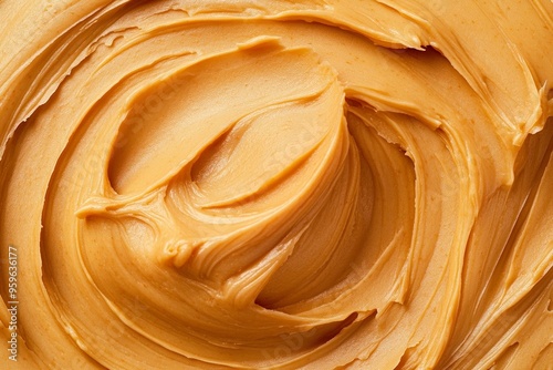 Peanut butter texture swirls background. Creamy smooth peanut butter backdrop, organic food. American cuisine. Generative Ai