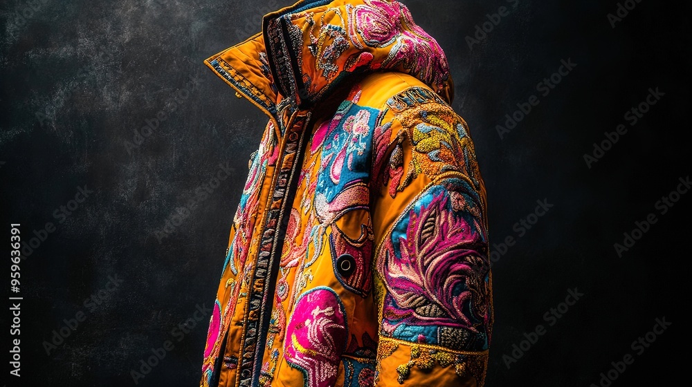 Vibrant Winter Jacket Art: A Colorful Poster Perfect for Sporty Interiors, Showcasing Ornate Textures in Orange, Yellow, Blue, and Pink Against a Dark Backdrop for Stunning Visual Impact! Vibrant Winter Jacket Art: A Colorful Poster Perfect for Sporty Interiors, Showcasing Ornate Textures in Orange, Yellow, Blue, and Pink Against a Dark Backdrop for Stunning Visual Impact!