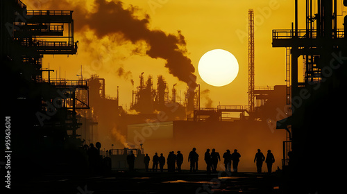 Silhouettes of workers agai...