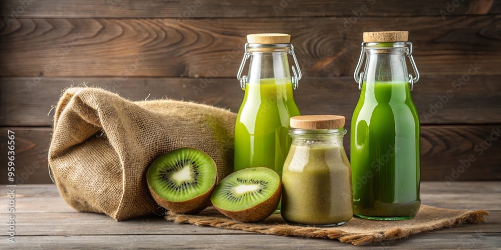 Bottles of juice next to a bag with a kiwi and slice Bottles of juice next to a bag with a kiwi and slice