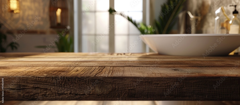 Wood tabletop against a blurred bathroom background crucial for design visual layout. Copy space image. Place for adding text and design Wood tabletop against a blurred bathroom background crucial for design visual layout. Copy space image. Place for adding text and design