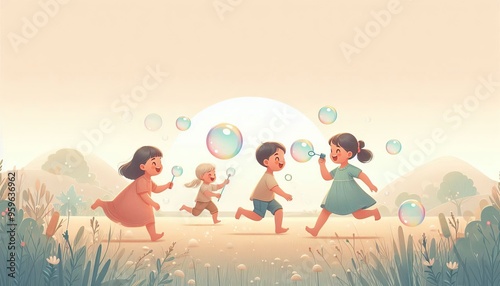 Four happy children run through a grassy field, blowing soap bubbles and laughing.