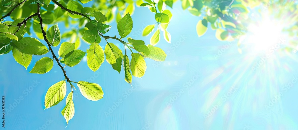 Tree branch with leaves set against a blue sunny sky Summer backdrop with copy space Tree branch with leaves set against a blue sunny sky Summer backdrop with copy space