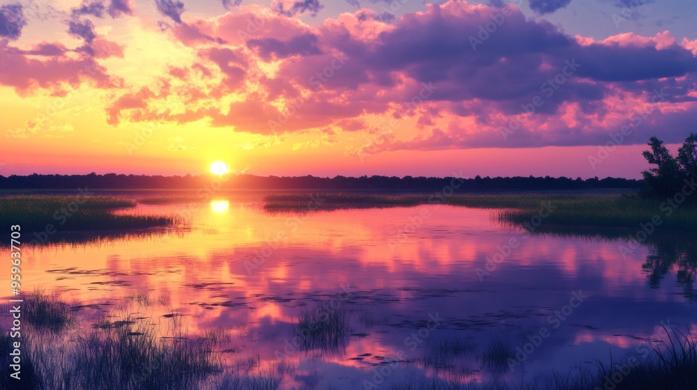 A stunning sunset over a calm lake with vibrant pink and orange hues reflected in the water. A stunning sunset over a calm lake with vibrant pink and orange hues reflected in the water.