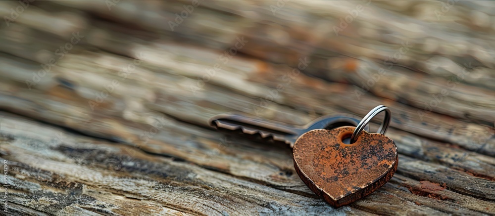 Heart shaped house key with a home keyring on an aged wooden surface embellished with a small heart representing the home sweet home concept copy space Heart shaped house key with a home keyring on an aged wooden surface embellished with a small heart representing the home sweet home concept copy space