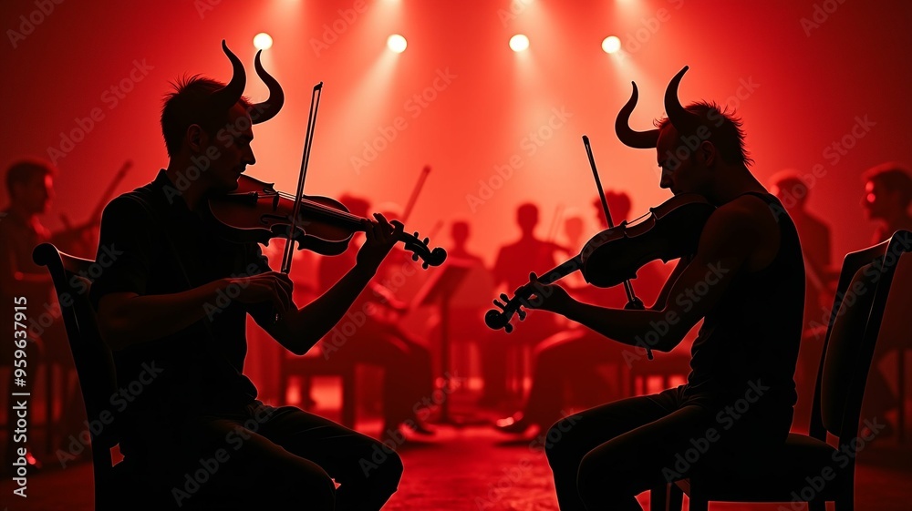 Fototapeta premium violin concert scene black and red shades sitting devils pronounced detailing plays the violin against the background of a light fire orchestra