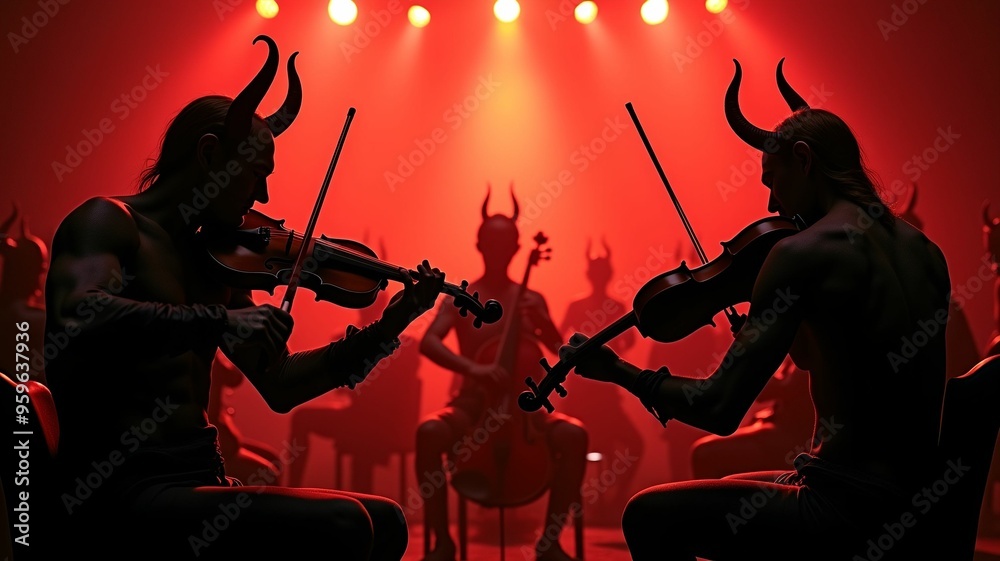 Fototapeta premium violin concert scene black and red shades sitting devils pronounced detailing plays the violin against the background of a light fire orchestra
