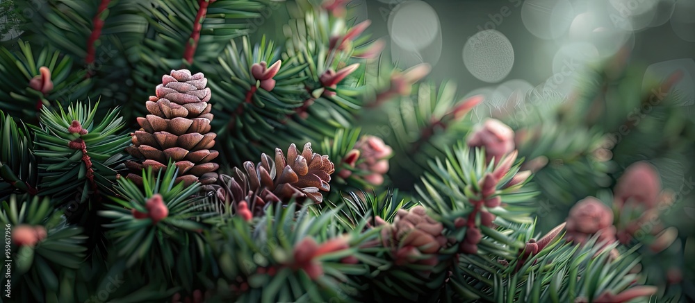 Pink cones on fir branches with evergreen foliage Green conifer background. Copy space image. Place for adding text and design