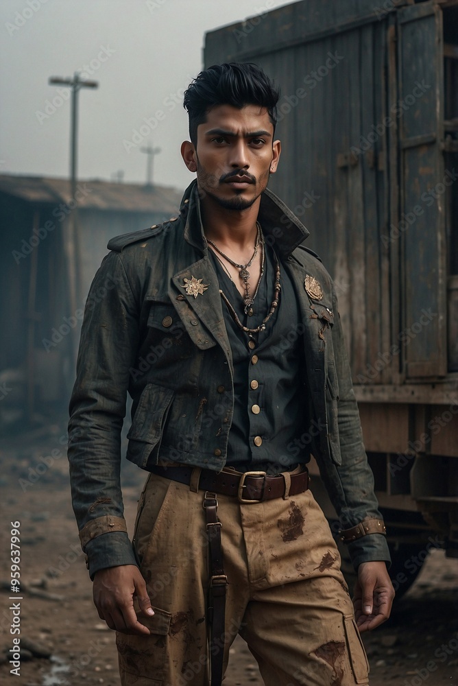 Strong man with a serious expression, wearing military-style clothing, standing in a gritty industrial area outdoors. Strong man with a serious expression, wearing military-style clothing, standing in a gritty industrial area outdoors.