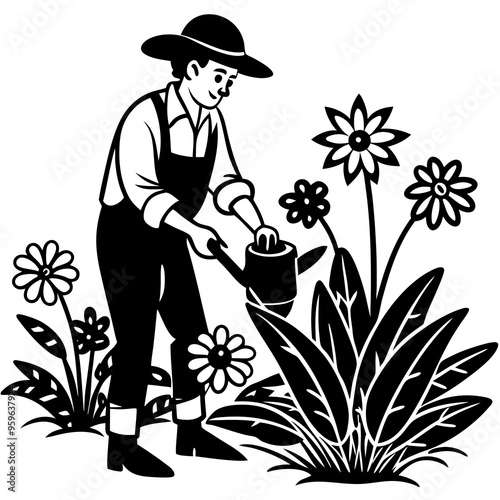 A gardener is watering flower plants silhouette vector art