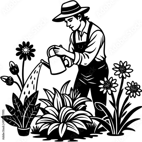 A gardener is watering flower plants silhouette vector art