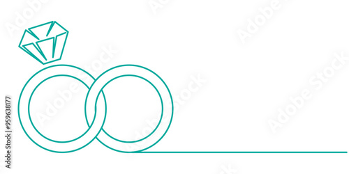 Diamond Ring Continuous Line Illustration, Wedding Ring continuous line drawing with color shapes, Wedding Ring, Diamond Ring Continuous Line Icon, Wedding rings in cartoon, doodle style.