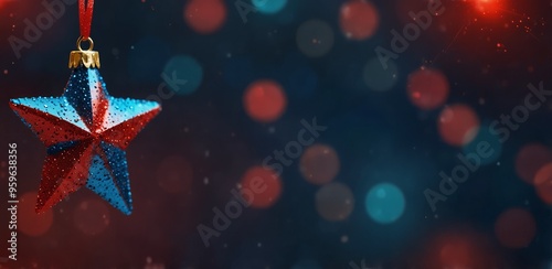 Red Christmas glitter background with stars. Festive glowing Christmas ornament elements hanging blue backgroundg blurred texture photo