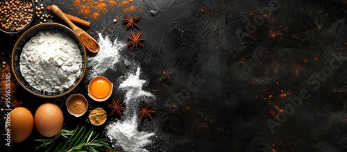 Fototapeta Naklejka Na Ścianę i Meble -  Ingredients for baking flour eggs and spices Top view copy space