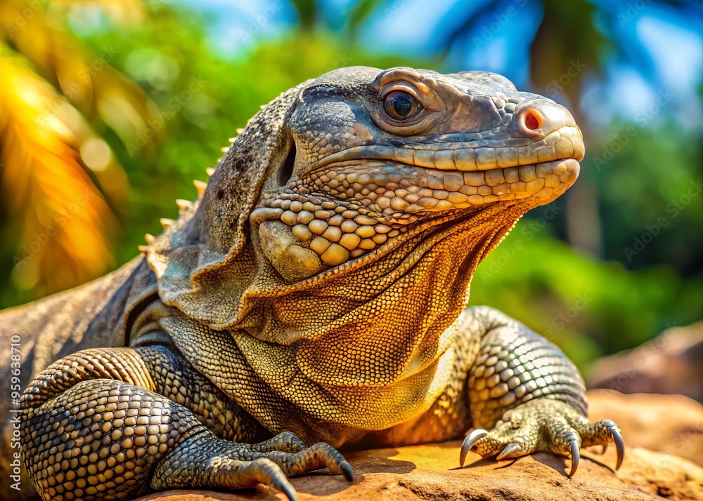 Obraz premium A photo image of a large, carnivorous lizard with a stocky body, broad head, and scaly skin, basking in the sun.
