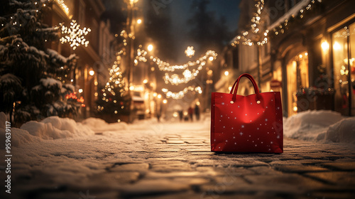 A red christmas shopping bag on a snowy shopping street and festive decorations