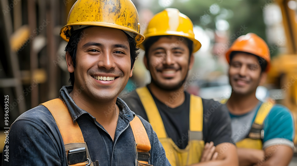 Three smiling construction workers in safety helmets and gear. Three smiling construction workers in safety helmets and gear.