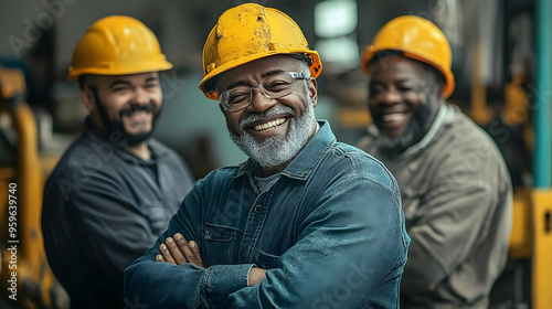Three smiling workers in he...
