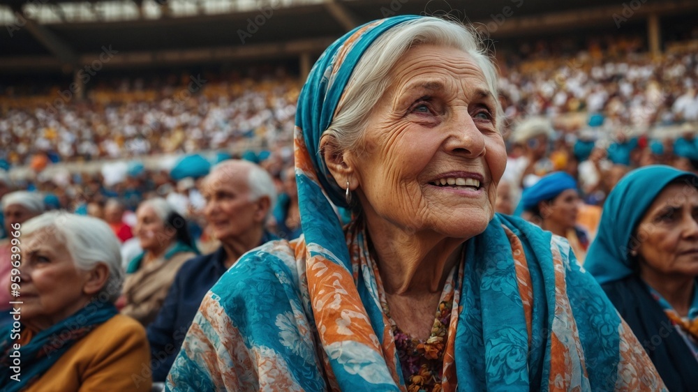 Obraz premium Elderly Caucasian woman with short gray hair wearing colorful patterned scarf, smiling in crowd