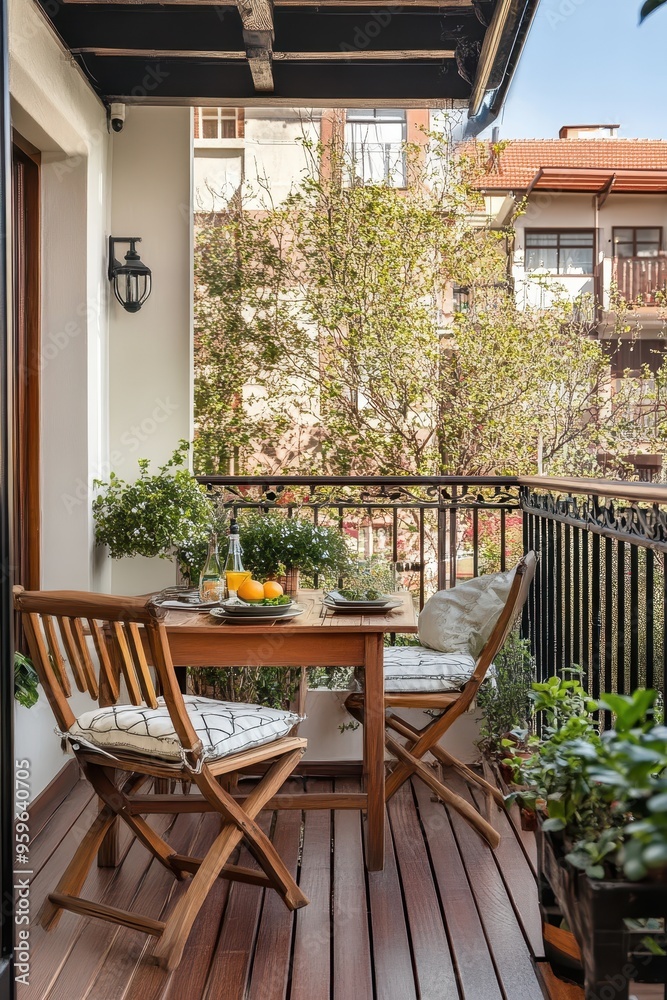 Fototapeta premium Cozy Urban Balcony with Wooden Furniture and Greenery in a Modern Residential Area